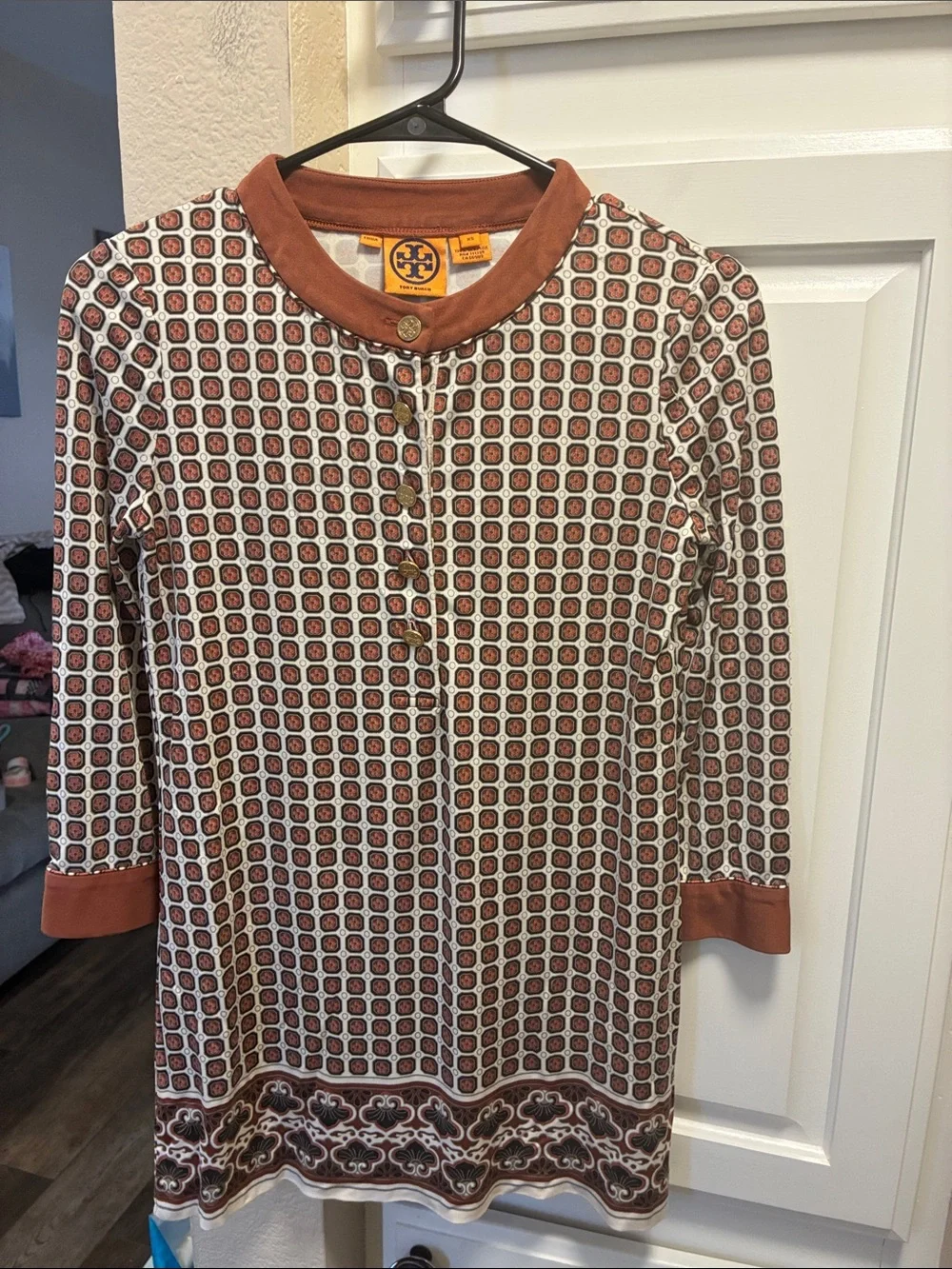 Tory Burch 100% silk brown and Cream Geo-Print Tunic